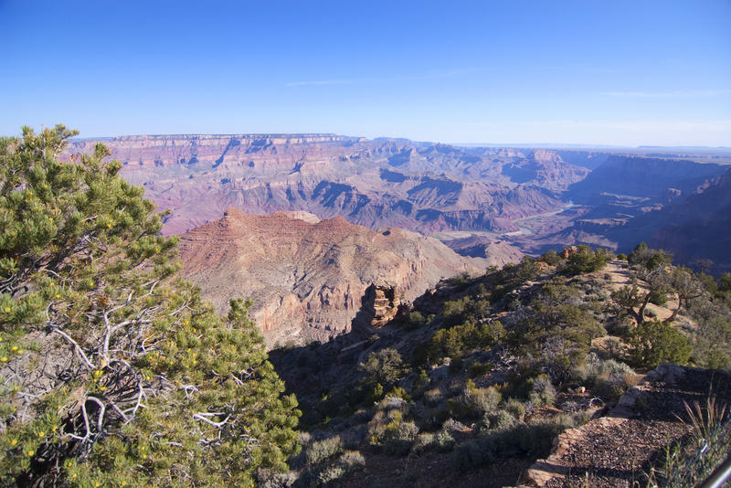 wide angle image, rugged landscape of the grand canyon as seen from the desert view watchtower