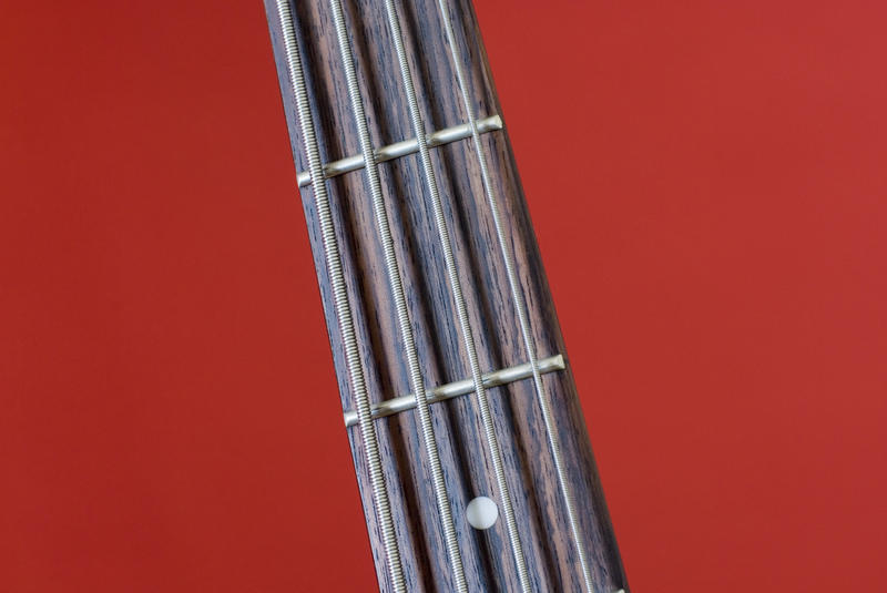 a close up on a section of the neck of a bass guitar photographed on a red background