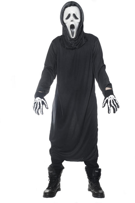 man wearing a halloween ghostface outfit