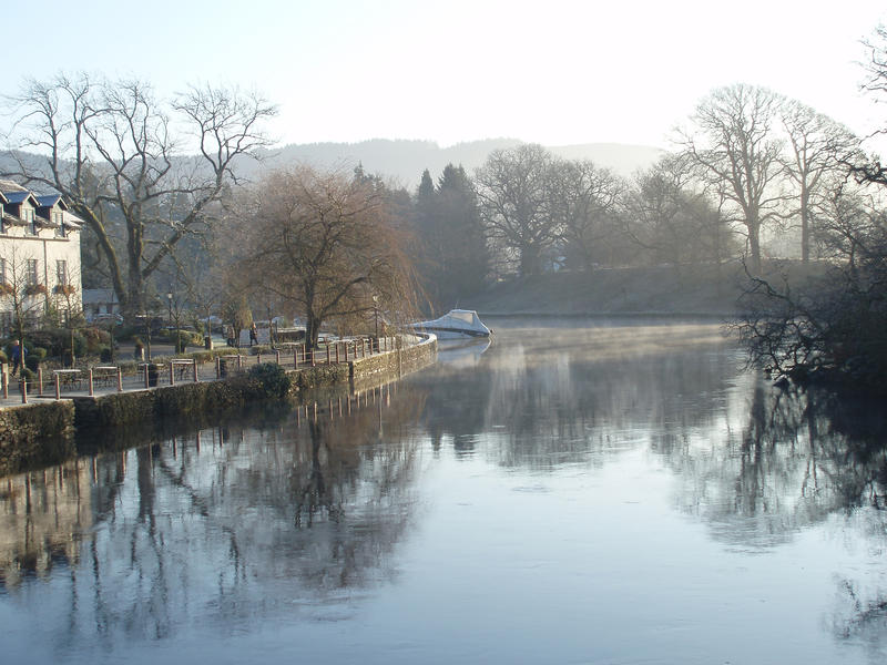 a cold winter morning near the newby bridge hotel, cumbria, UK