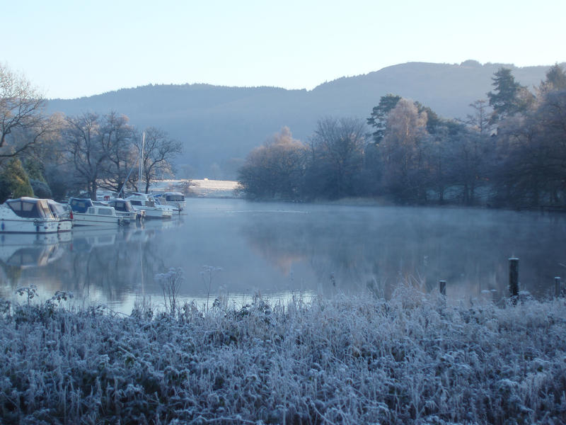 a cold frosty morning overlooking the marina at newby bridge