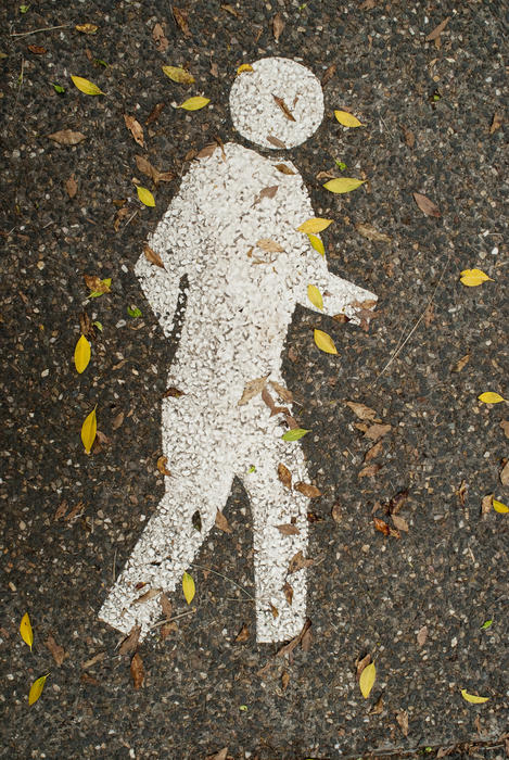 a predestrian marking on a footpath with leaves