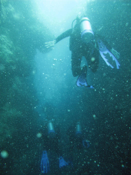 diver swimming between bommies on a coral reef