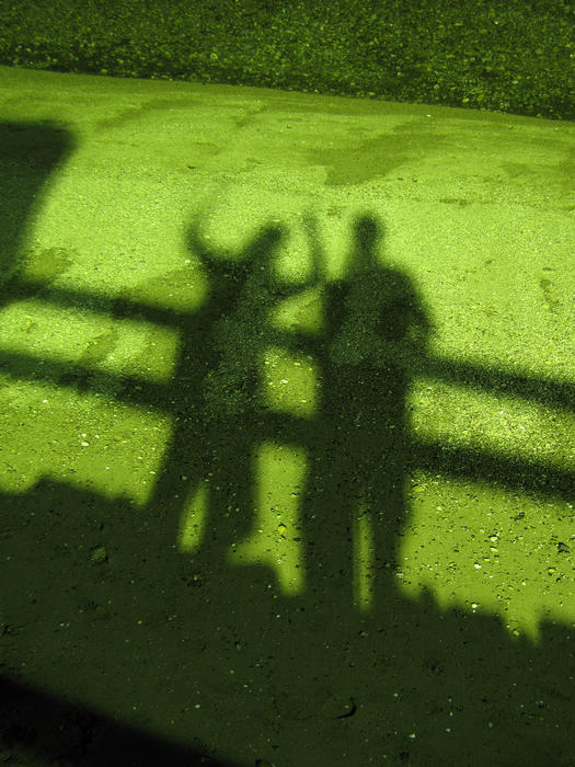 shadows of two people from a street light at night