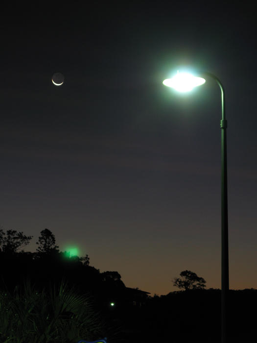 an illuminated streetlamp and night time moon