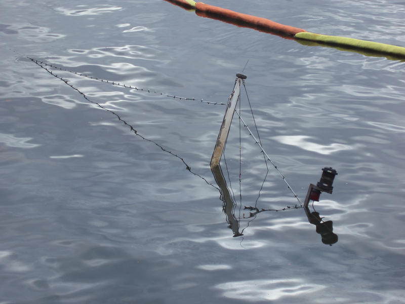 to top of a small sailing yacht sunk in a marina