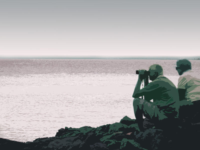 a traced illustration of 2 people looking through binoculars at an ocean view