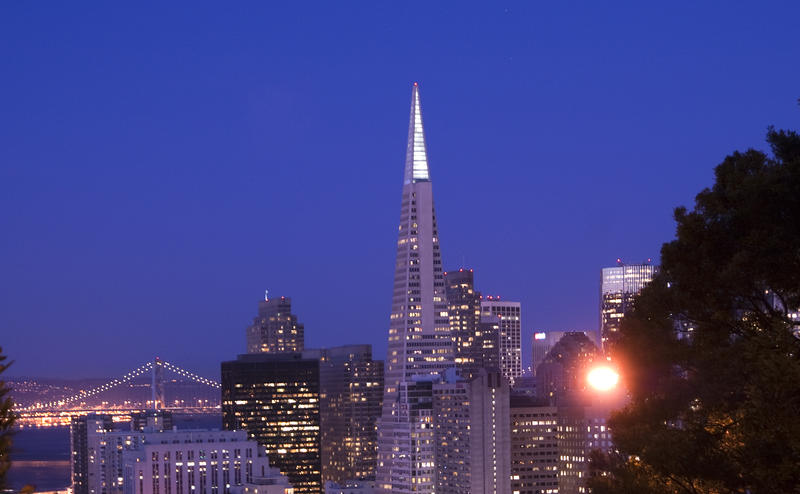 the distinctive transamerica pyramid and downtown san francisco at night