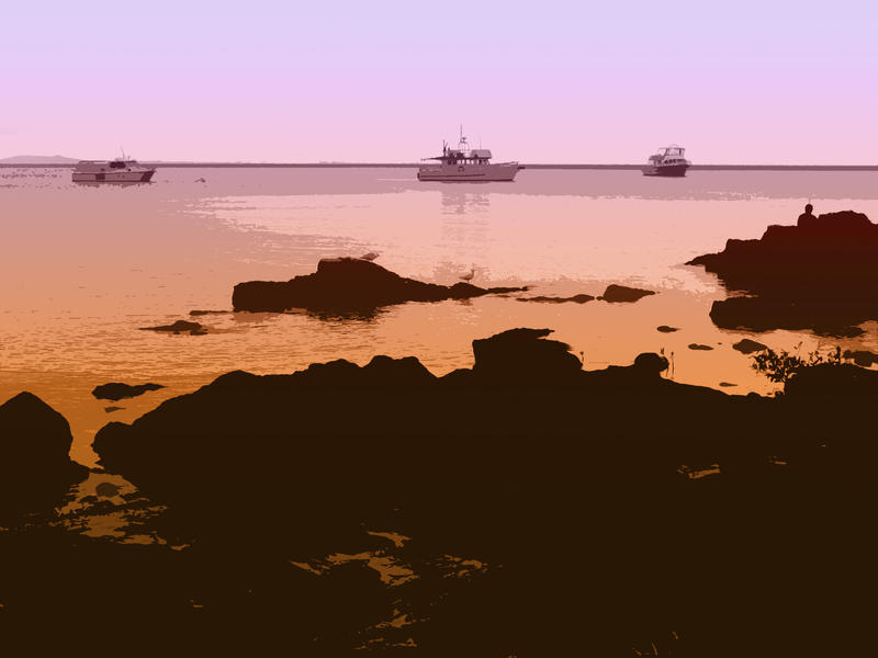 a tropical coloured image of boats moored of shore