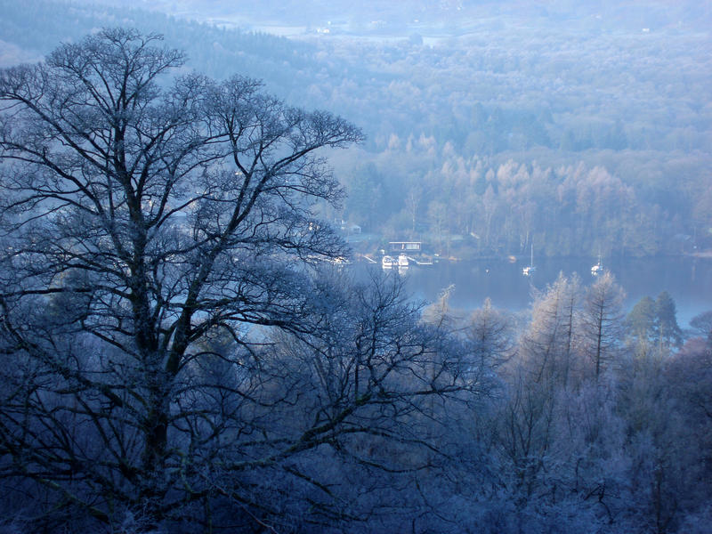 looking down at lake windermere on a cold winter day