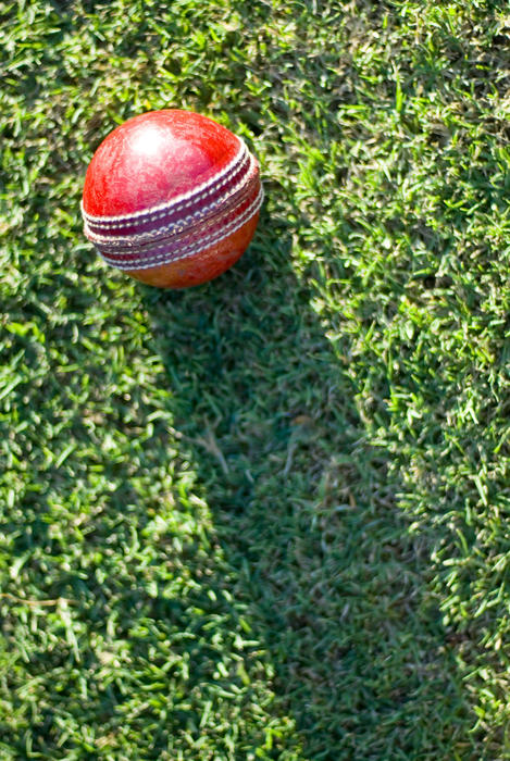 a red leather cricket ball on a grass background