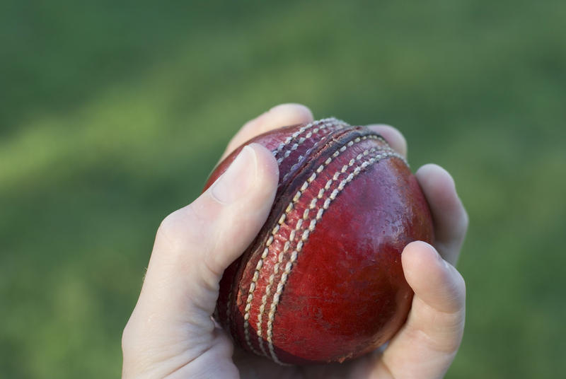 a hand holding a cricket ball during a cricket game
