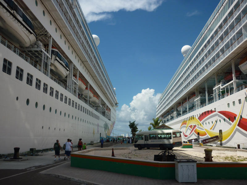 two cruise ships docked in post : editorial use