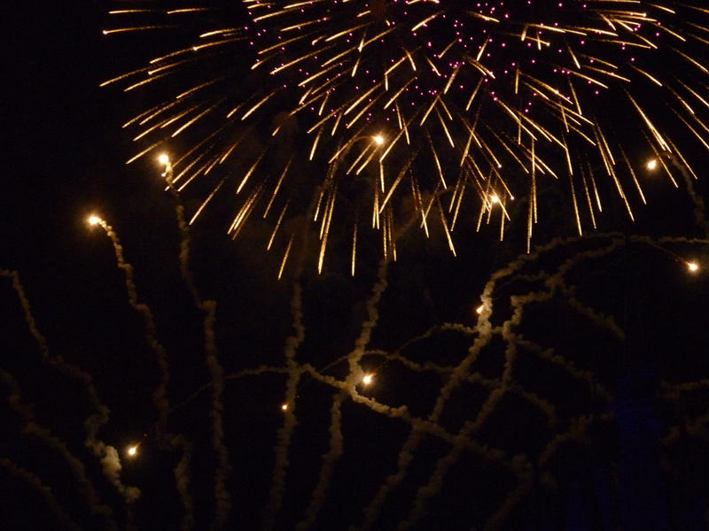 white falling star bursts from a firework display