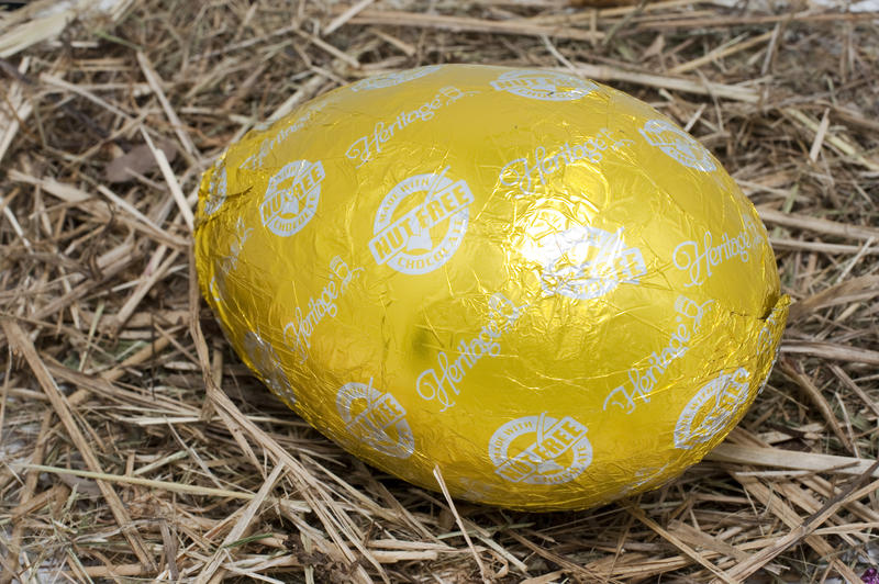 Foil wrapped yellow chocolate Easter Egg on a bed of straw.