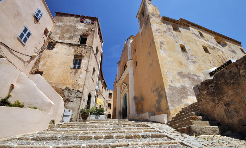 The Cathedral St-Jean Baptiste within the citadel walls in Calvi on the west coast of Corsica. The citadel was built between the 13th and 15th centuries by the Genoese. 