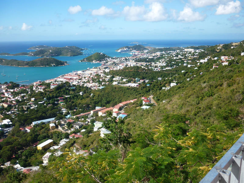looking down across the island of st thomas from a hill top