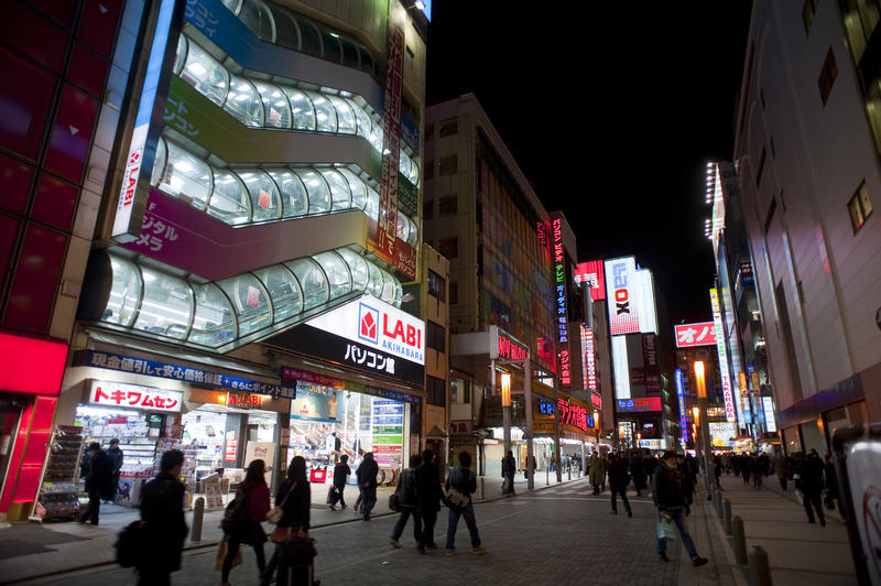 bright lights of Tokyos electric town at night