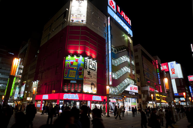 colorful electrical goods retailers in akihabara, Tokyo, Japan pictured at night