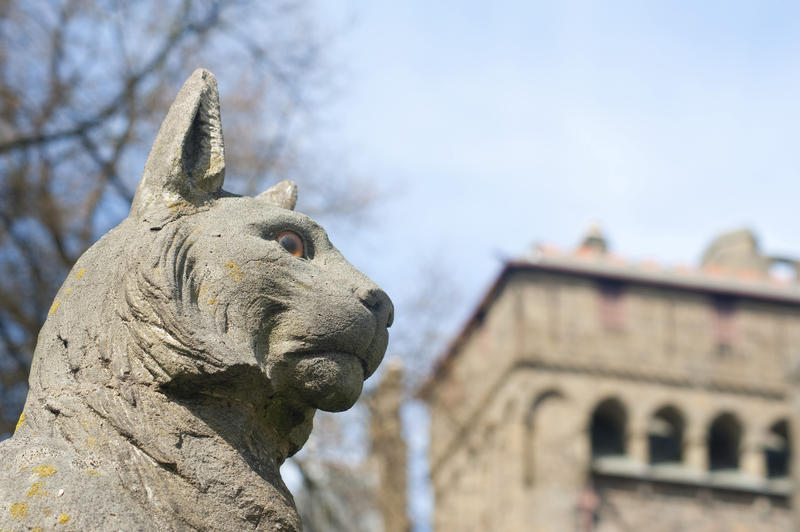 Detail of the head of the carved stone lynx on the Gothic revival Cardiff Castle Animal Wall designed by William Burges in Cardiff, Wales