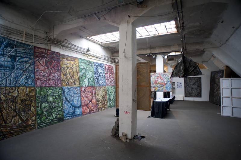 Interior loft gallery art display at the Kunsthaus Tacheles, a former art squat in Berlin