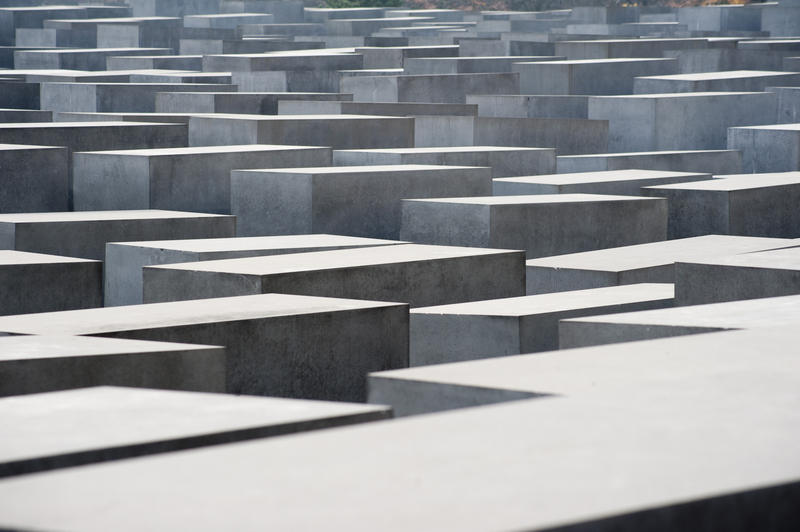 A view acroos the grid pattern of the concrete slabs or stelae at the Holocaust Memorial in Berlin commemorating the Jewish victims