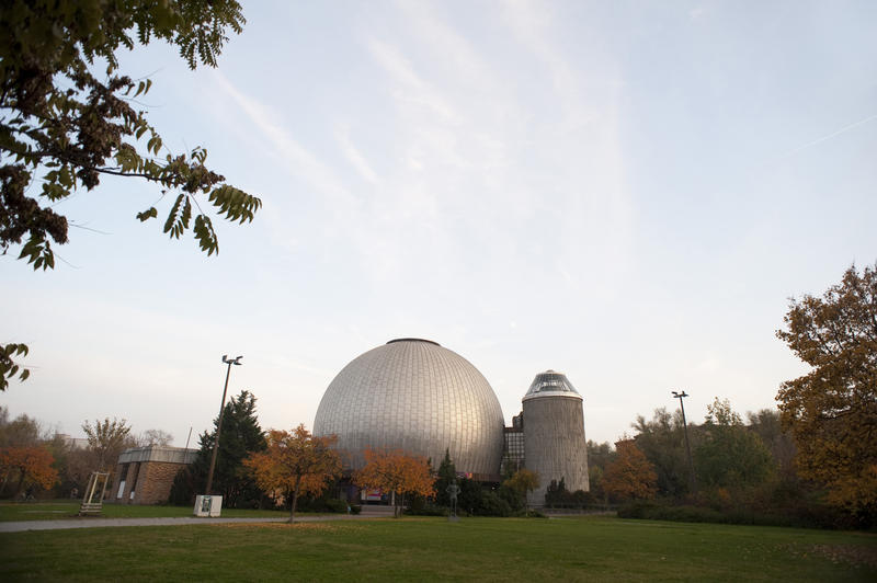 Exterior of the spherical silvered dome of the Zeiss planetarium in Berlin's Prenzlauer Berg area