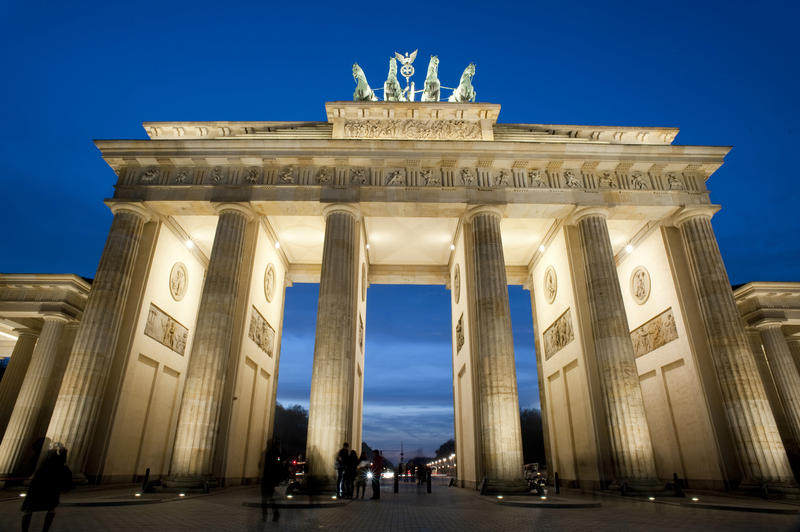 Illuminated night shot, taken face on, of The Brandenburg Gate, Berlin