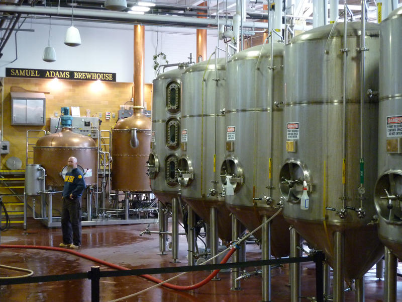 Interior of Samuel Adams Brewhouse showing the large steel vats used in the brewery for fermentation of the malt to produce ale and beer