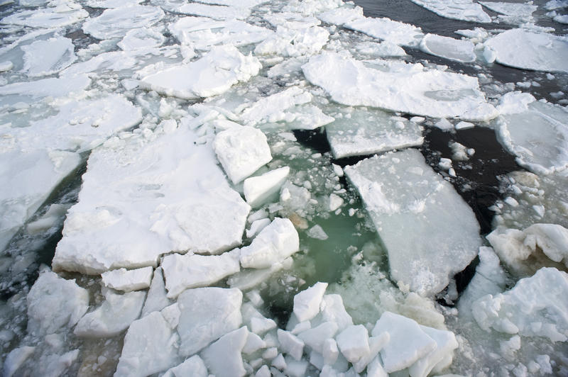 icebergs floating on the freezing waters off north japan in winter