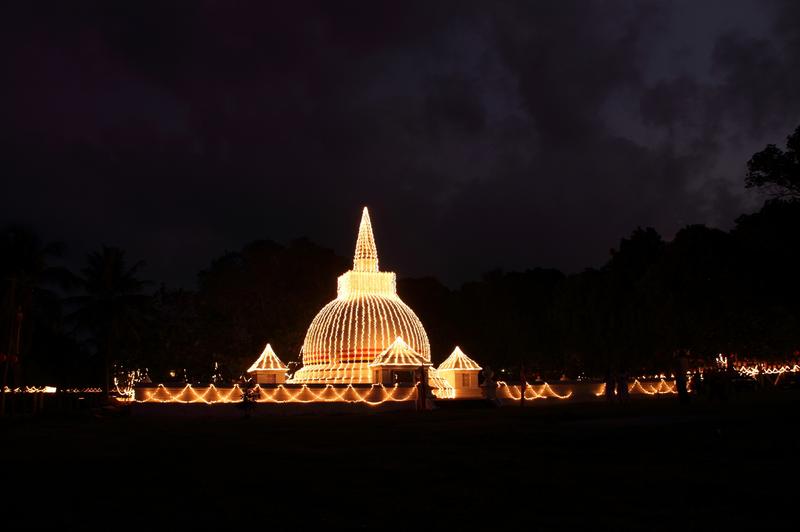 Buddhist temple illuminated at night, Kelaniya Srilanka