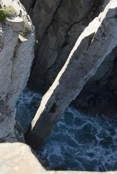 looking down towards the base of the totem pole, cape hauy