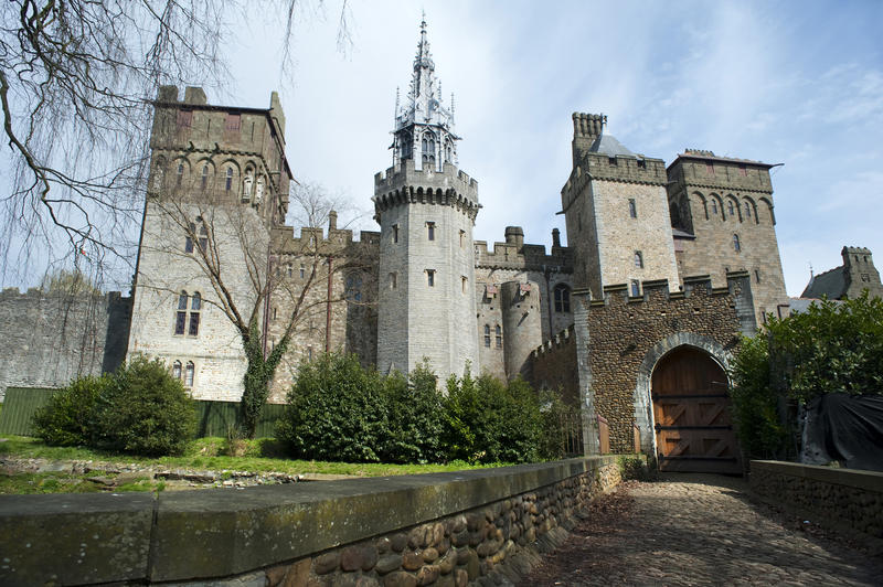 view of cardiff castle and barbican, gothic revival extentions made in the 19th century by the marquess of bute