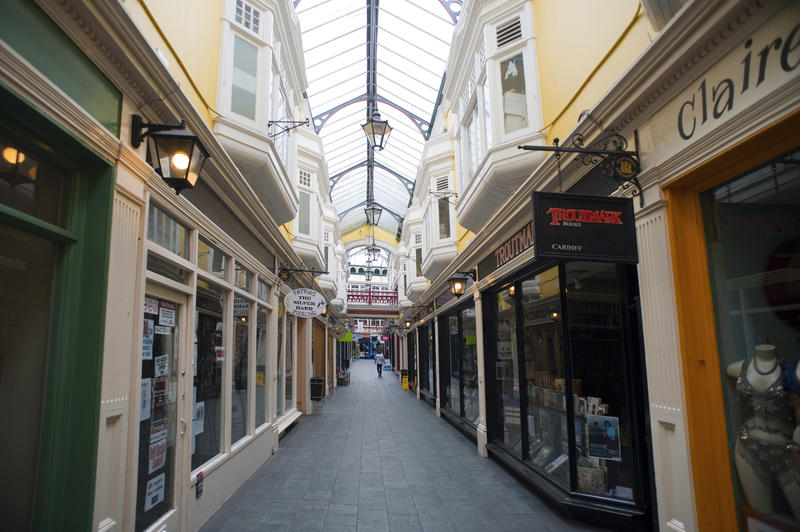 Inside the Cardiff Castle Arcade, a restored Victorian shopping arcade in Cardiff, Wales