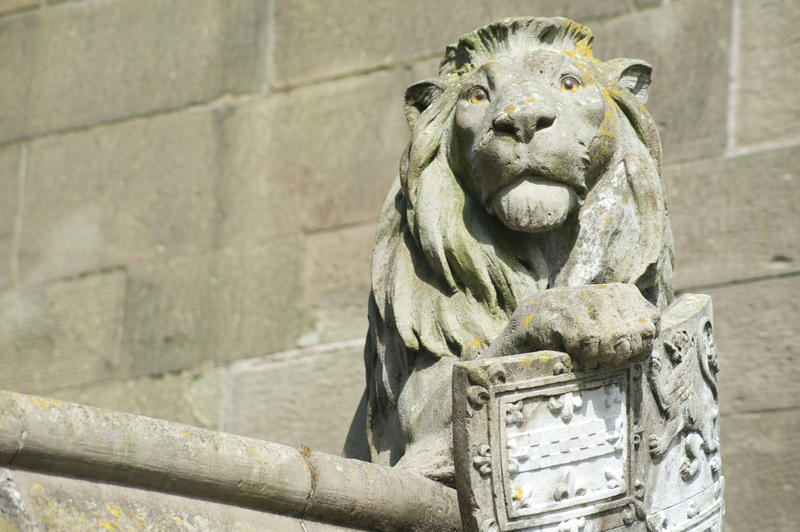 Lion on the Cardiff Castle Animal Wall, which is a sculptured wall originally designed by Burges depicting 15 animals in the Castle Quarter of the city centre of Cardiff, Wales