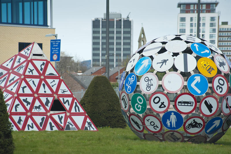 Roadsign sculptures by Pierre Vivant on The Landmark, otherwise known as the Magic Roundabout, Splott, Cardiff