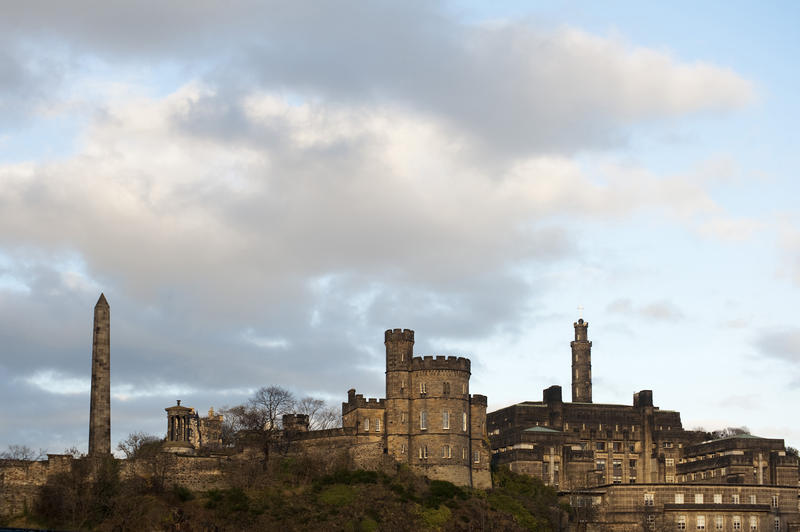 View of the Governors House, Calton Hill, Edinburgh part of the old Calton Goal and also the other monuments on the hill, such as Nelson, Dugald Stewart and Political Martyrs monuments