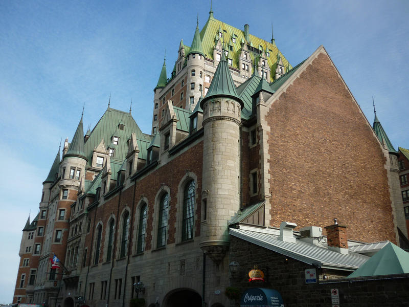 The exterior facade of the huge historical luxury hotel Chateau Frontenac, Quebec, Canada