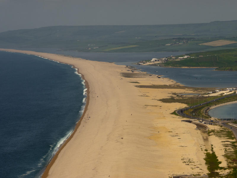 <p>Chesil Beach Dorset</p>View taken from Portland, Dorset, looking down on the sweep of Chesil Beach as it disappears into the distance.
