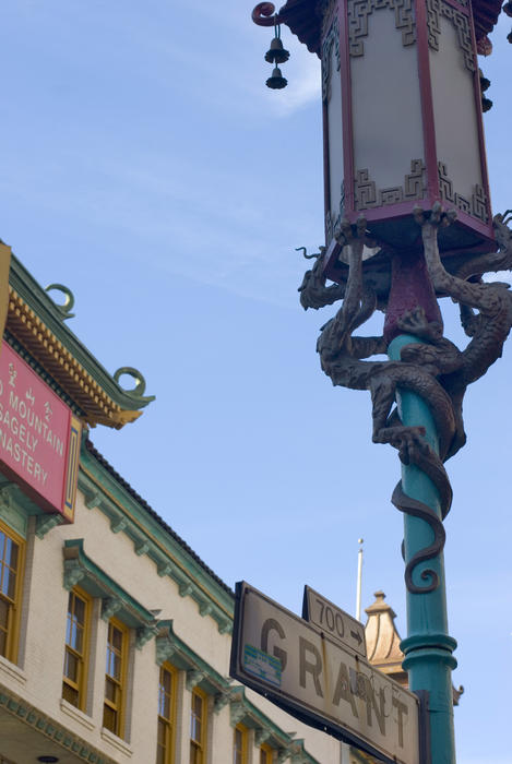 a lamp post and street sign in san franciscos china town