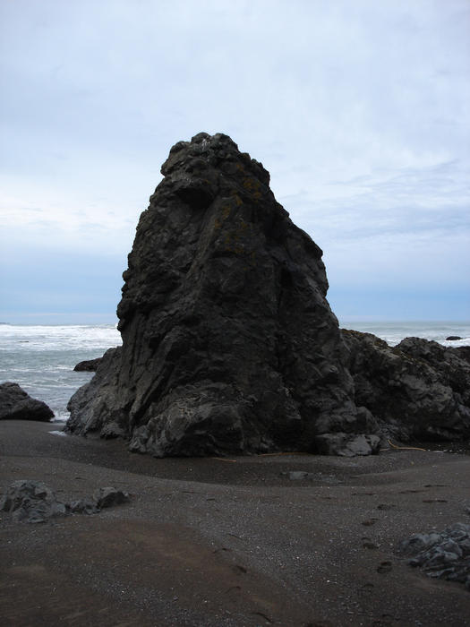 unusual rock column standing on a beach