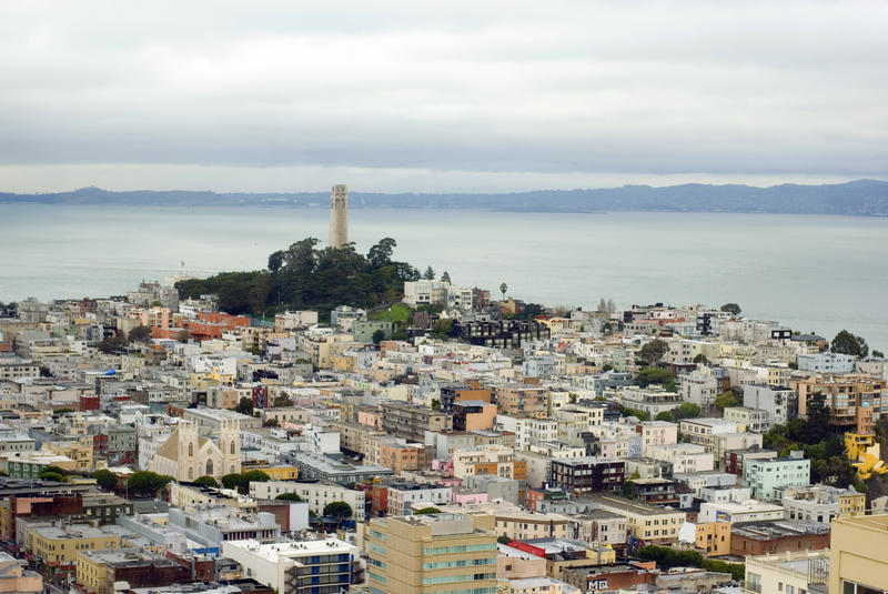 Coit tower san francisco viewed from nob hill looking out across the bay