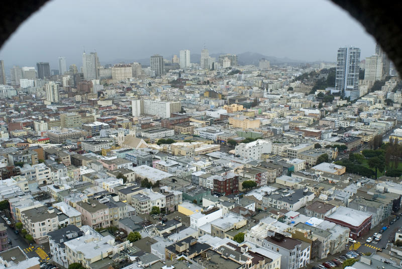 looking down on san francisco from the coit tower on a wet rainy day