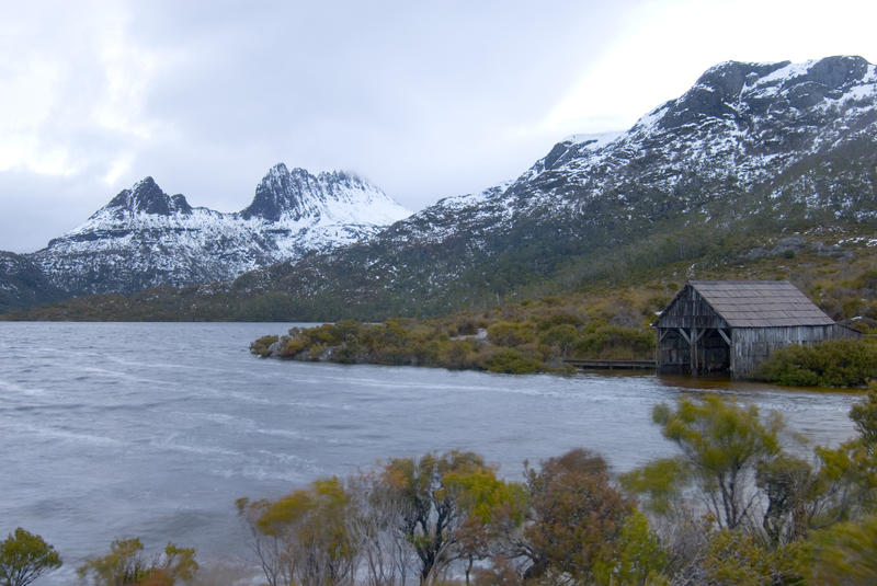 iconic view of dove lake and the boat shed with cradle mountain in the background, Cradle Mountain-Lake St Clair National Park