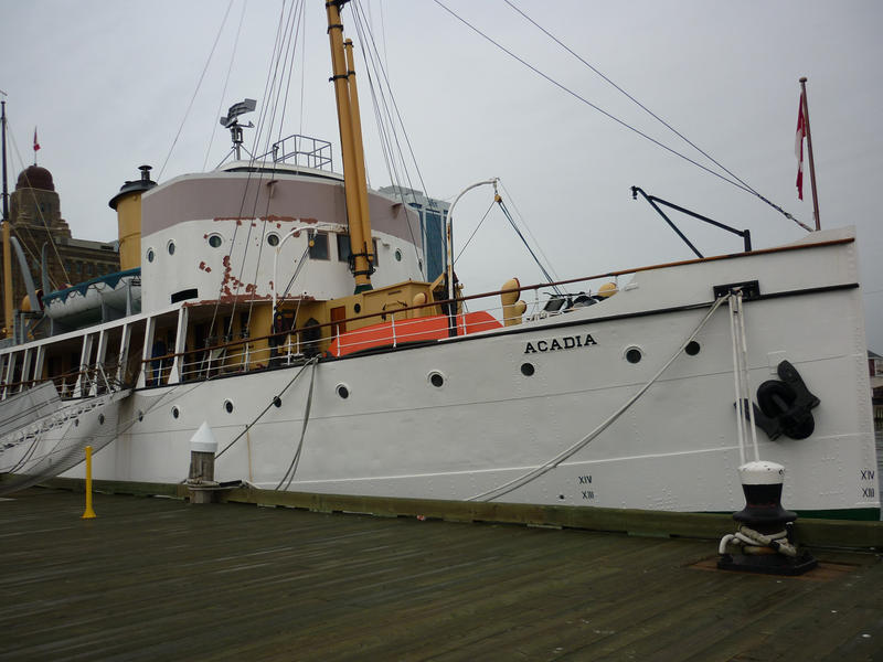 CSS Acadia, an Edwardian steamship that was used for hydrographic and oceanographic surveys and is now classed as a museum ship, in dock in Halifax