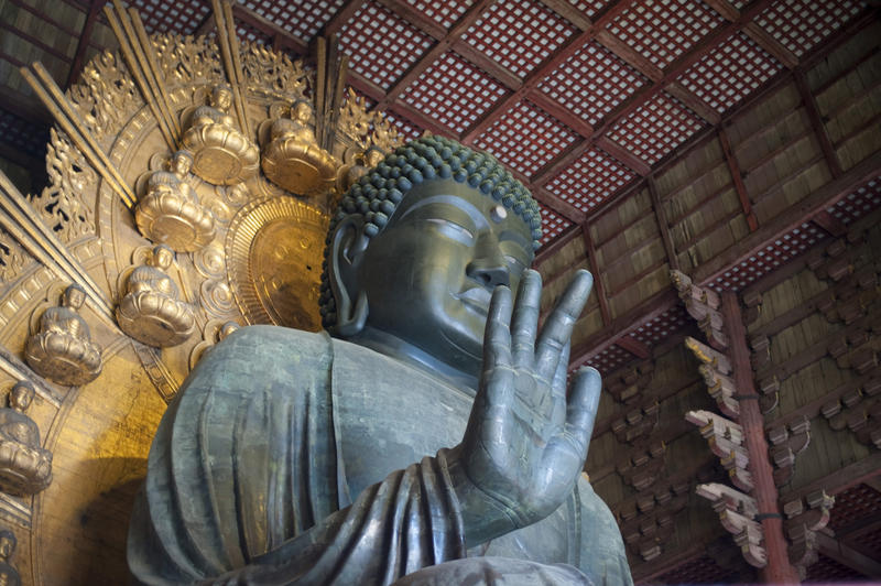 The giant Virocana Buddha inside the Todaiji temple at Nara, Japan