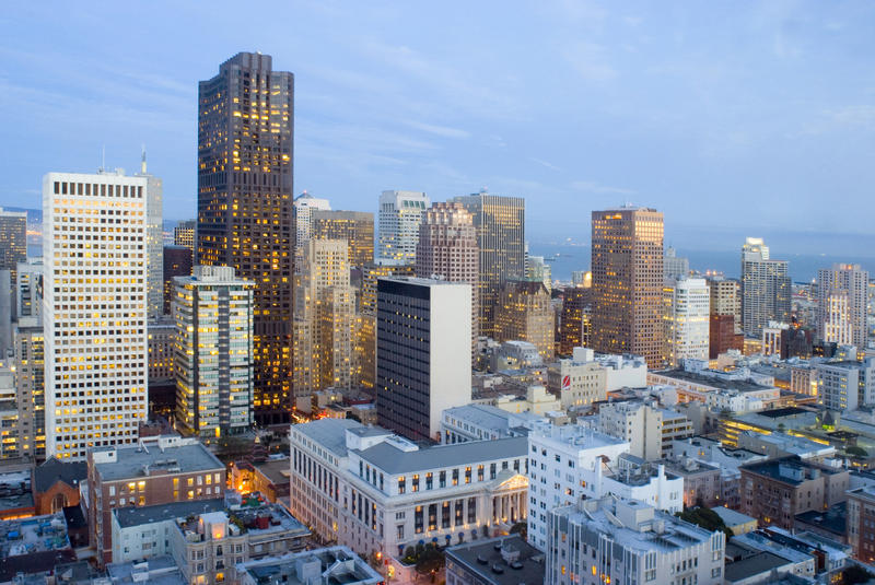 office towers after sunset at twilight, san francisco