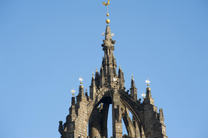 Spire of St Giles Cathedral, Edinburgh which is in the form of a crown steeple, or crown spire, in which curved stone flying buttresses form the open shape of a rounded crown.