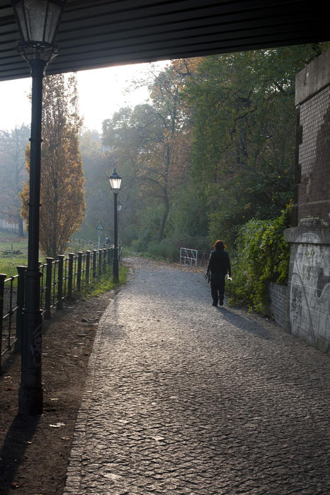 Woman walking under a lamp on a misty cobbled footpath in the evening with woodland scenery behind her