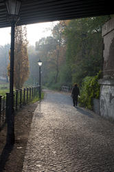 7079   Woman walking on a misty footpath